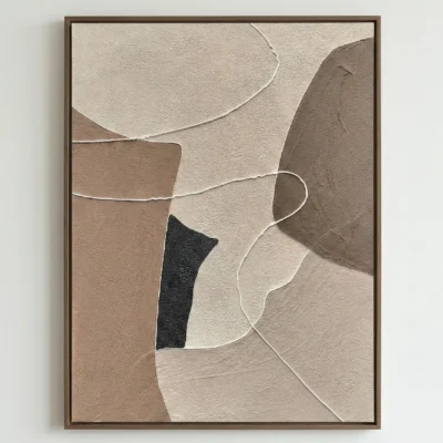 Textured abstract hand-painted canvas with layered geometric shapes in warm beige, taupe, and black tones