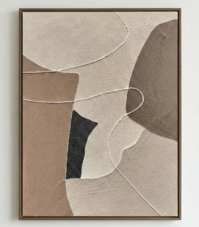 Textured abstract hand-painted canvas with layered geometric shapes in warm beige, taupe, and black tones