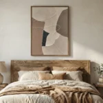 Minimalist abstract hand-painted canvas in layered earth tones and cream with organic curved forms, modern bedroom
