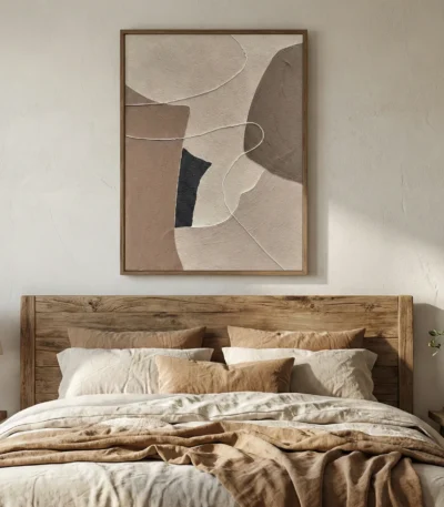 Minimalist abstract hand-painted canvas in layered earth tones and cream with organic curved forms, modern bedroom