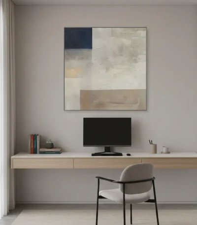 Minimalist abstract hand-painted canvas in navy, cream, and taupe tones with layered geometric forms, contemporary workspace