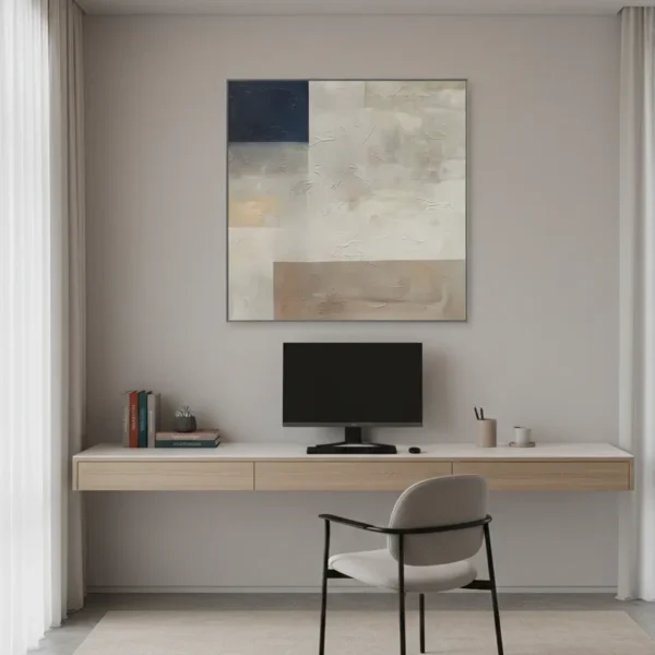 Minimalist abstract hand-painted canvas in navy, cream, and taupe tones with layered geometric forms, contemporary workspace