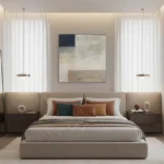 Minimalist abstract hand-painted canvas in navy, cream, and taupe geometric composition, modern bedroom