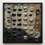 Textured abstract hand-painted canvas in black, cream, and taupe with dimensional oval forms, contemporary wall art