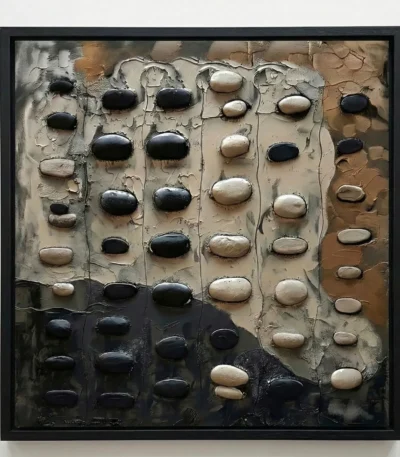 Textured abstract hand-painted canvas in black, cream, and taupe with dimensional oval forms, contemporary wall art