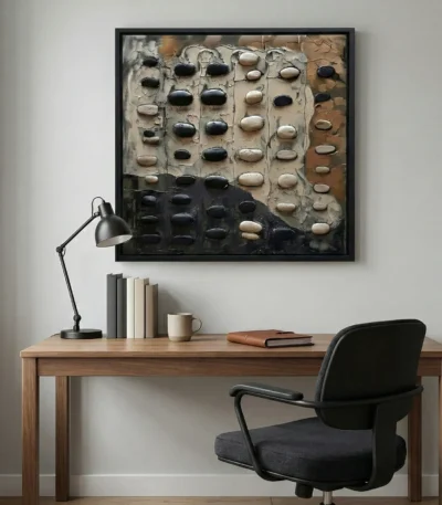 Textured abstract hand-painted canvas with dimensional stone and ceramic elements in charcoal, cream, and terracotta tones, contemporary office setting