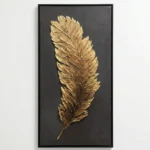 Textured gold leaf hand-painted canvas featuring an elegant feather in warm metallic tones against charcoal background