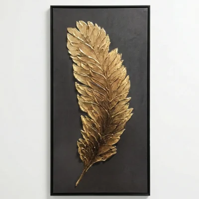Textured gold leaf hand-painted canvas featuring an elegant feather in warm metallic tones against charcoal background