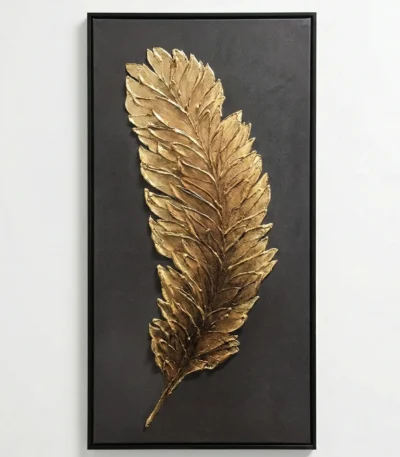 Textured gold leaf hand-painted canvas featuring an elegant feather in warm metallic tones against charcoal background