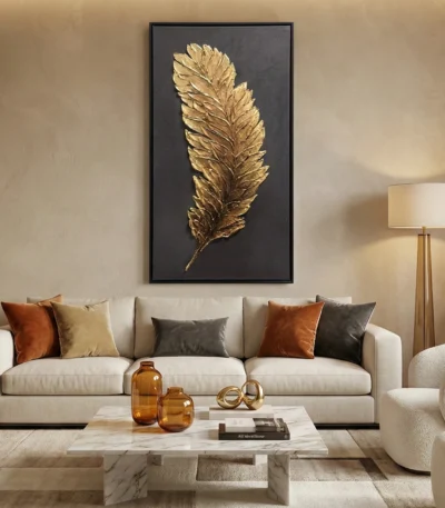 Textured gold leaf hand-painted canvas featuring an ornate feather in warm metallics against charcoal, contemporary living space