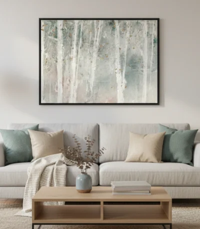 Textured abstract hand-painted canvas in soft whites and muted grays with gestural vertical brushstrokes, contemporary living space