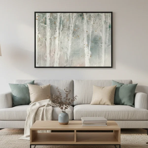 Textured abstract hand-painted canvas in soft whites and muted grays with gestural vertical brushstrokes, contemporary living space