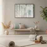 Textured abstract hand-painted canvas in soft greys and whites with gestural brushstrokes, contemporary living space