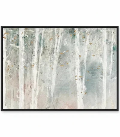 Textured abstract hand-painted canvas with vertical brushstrokes in white, grey, and ochre tones