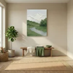 Impressionist landscape hand-painted canvas depicting snow-capped mountains, verdant forest and meandering stream in cool greens and whites, contemporary entryway