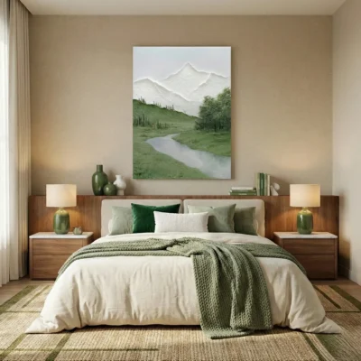 Contemporary landscape hand-painted canvas depicting snow-capped mountains, verdant valley and meandering stream in soft greens and whites, modern bedroom