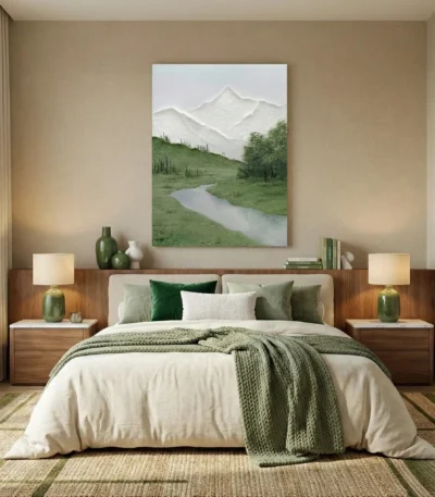 Contemporary landscape hand-painted canvas depicting snow-capped mountains, verdant valley and meandering stream in soft greens and whites, modern bedroom
