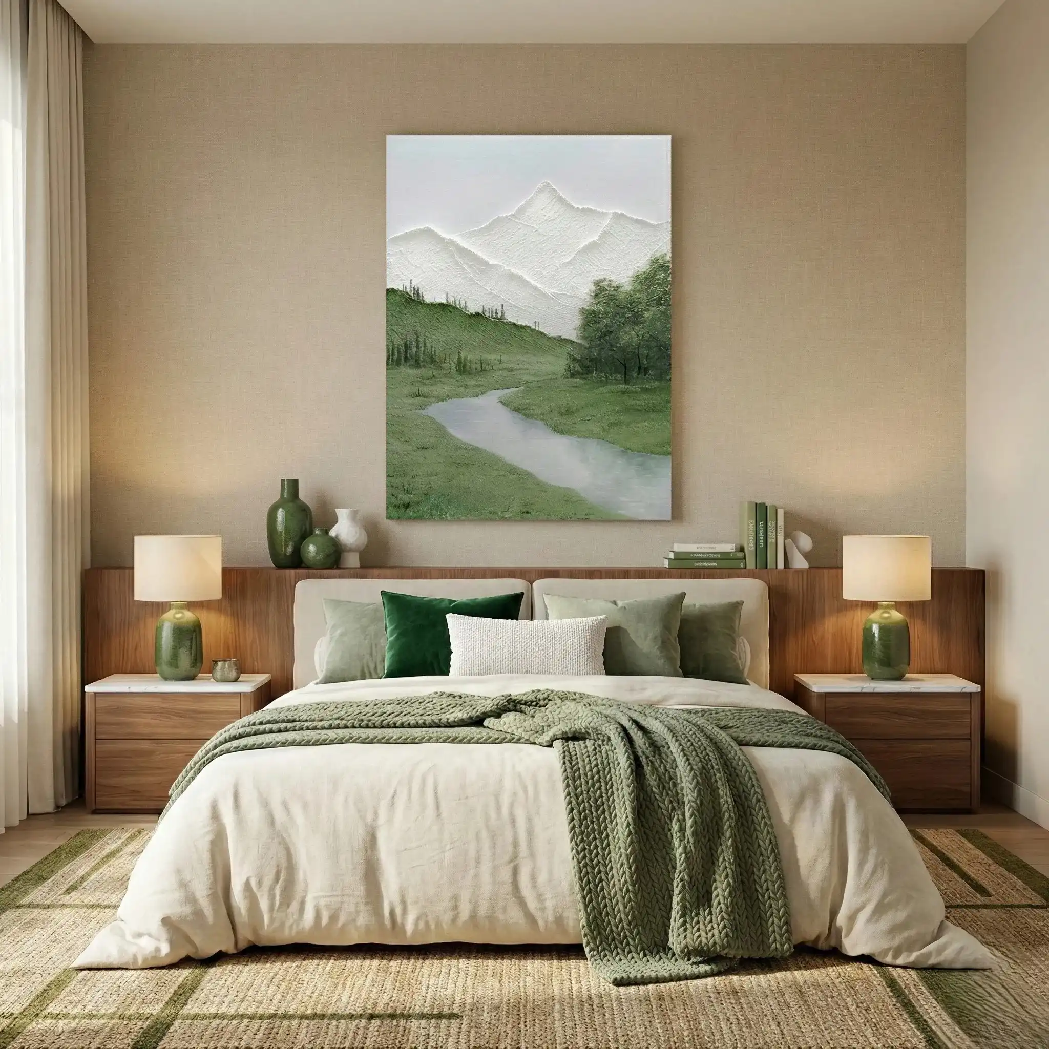 Nordic Calm 3D Plaster Nature Scenery Textured art(1.5) Contemporary landscape hand-painted canvas depicting snow-capped mountains, verdant valley and meandering stream in soft greens and whites, modern bedroom