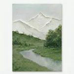 Textured landscape hand-painted canvas depicting snow-capped mountain peaks, verdant forest, and winding stream in cool greens and whites