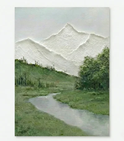 Textured landscape hand-painted canvas depicting snow-capped mountain peaks, verdant forest, and winding stream in cool greens and whites