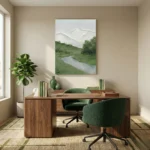 Contemporary landscape hand-painted canvas depicting snow-capped mountains, verdant forest, and winding river in cool greens and whites, modern office setting