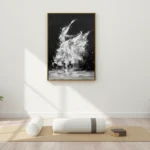 Gestural abstract expressionist hand-painted canvas in monochrome white and charcoal, contemporary living space