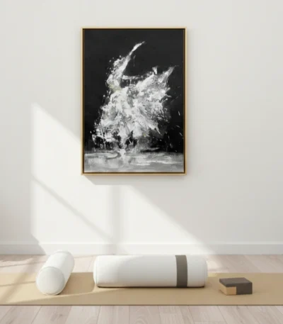 Gestural abstract expressionist hand-painted canvas in monochrome white and charcoal, contemporary living space