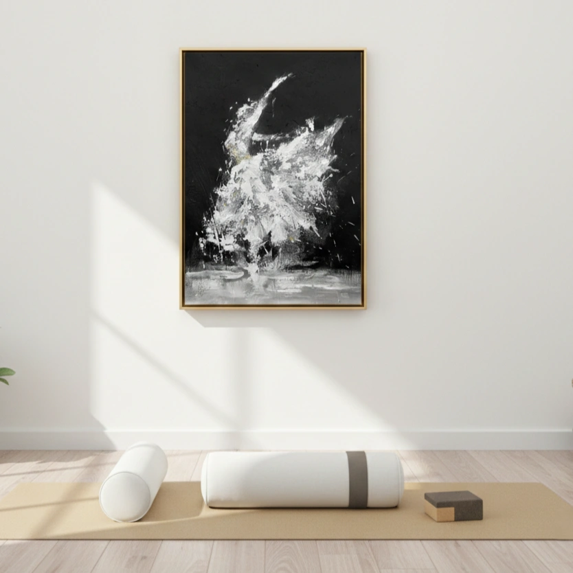 Nordic Frost Bloom Bold expressive paint splatters abstract wall decor (1.5) Gestural abstract expressionist hand-painted canvas in monochrome white and charcoal, contemporary living space