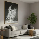 Gestural abstract expressionist hand-painted canvas in monochrome black and white with dynamic brushwork, contemporary living space