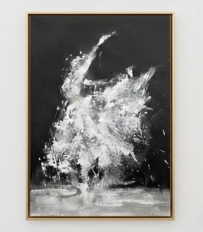 Gestural abstract expressionist hand-painted canvas in dramatic black and white with dynamic sweeping brushstrokes, contemporary living space