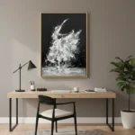 Gestural abstract expressionist hand-painted canvas in monochrome black and white with dynamic brushwork, contemporary workspace