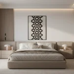 Minimalist black geometric pattern hand-painted canvas in monochrome on cream linen, contemporary bedroom