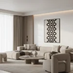 Minimalist hand-painted canvas with interlocking geometric circles in black ink on cream, contemporary living space