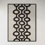 Minimalist hand-painted canvas featuring interlocking geometric circles in black and cream, contemporary wall space