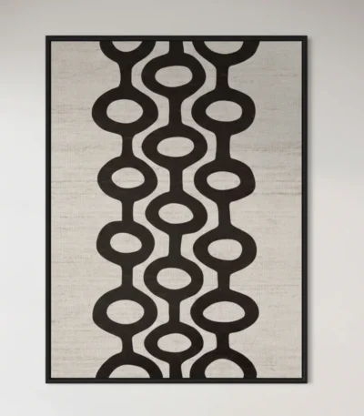 Minimalist hand-painted canvas featuring interlocking geometric circles in black and cream, contemporary wall space
