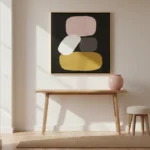 Minimalist abstract hand-painted canvas with stacked organic shapes in pink, cream, charcoal, and mustard, contemporary entryway