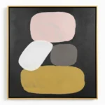 Minimalist abstract hand-painted canvas with stacked rounded forms in blush pink, cream, taupe, and ochre against charcoal background