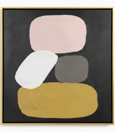 Minimalist abstract hand-painted canvas with stacked rounded forms in blush pink, cream, taupe, and ochre against charcoal background