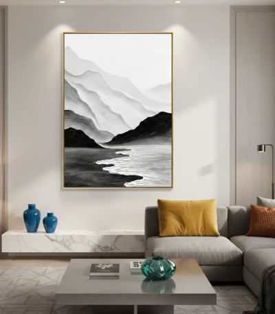 Minimalist monochrome landscape painting depicting layered mountains and coastal waves in black and white tones, contemporary living space