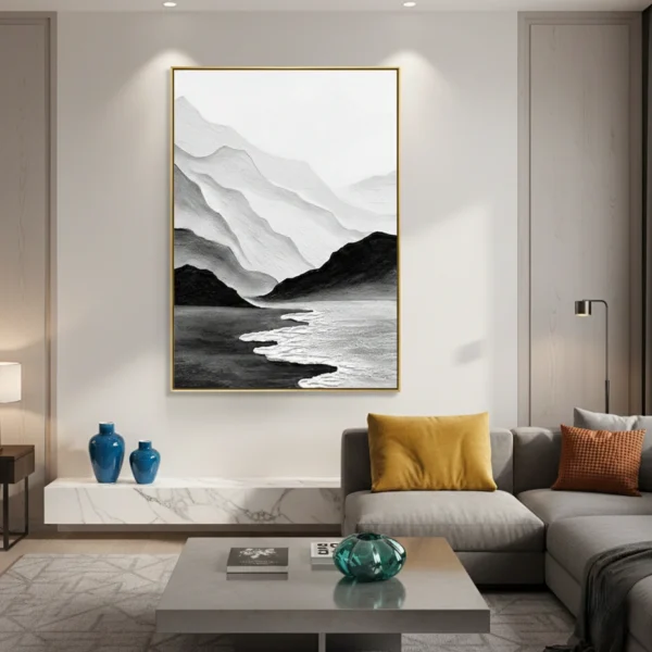 Minimalist monochrome landscape painting depicting layered mountains and coastal waves in black and white tones, contemporary living space