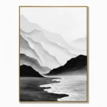 Minimalist landscape hand-painted canvas depicting layered mountains and coastal waves in monochrome tones
