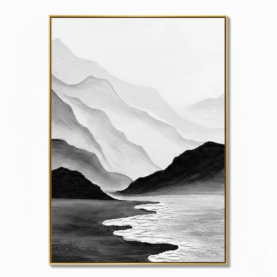 Minimalist landscape hand-painted canvas depicting layered mountains and coastal waves in monochrome tones
