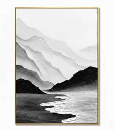 Minimalist landscape hand-painted canvas depicting layered mountains and coastal waves in monochrome tones
