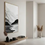 Minimalist landscape hand-painted canvas depicting misty mountains and coastal waters in monochrome tones, contemporary interior