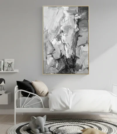 Abstract expressionist hand-painted canvas in monochromatic grays and whites with gestural brushstrokes, modern bedroom