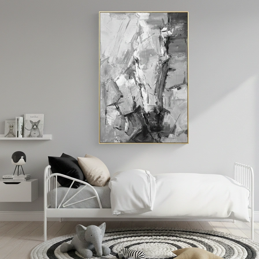 Obsidian Flow Bold black strokes abstract wall decor (1.5) Abstract expressionist hand-painted canvas in monochromatic grays and whites with gestural brushstrokes, modern bedroom