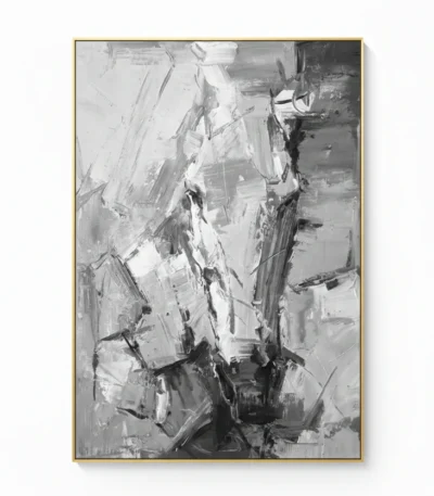 Gestural abstract expressionist hand-painted canvas in monochromatic grays and whites with dynamic layered brushstrokes