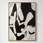 Abstract hand-painted canvas with bold black and white geometric forms, layered in contemporary minimalist style