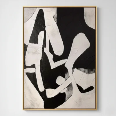 Abstract hand-painted canvas with bold black and white geometric forms, layered in contemporary minimalist style