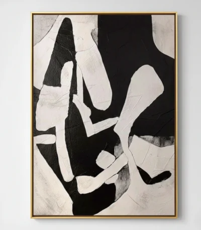 Abstract hand-painted canvas with bold black and white geometric forms, layered in contemporary minimalist style